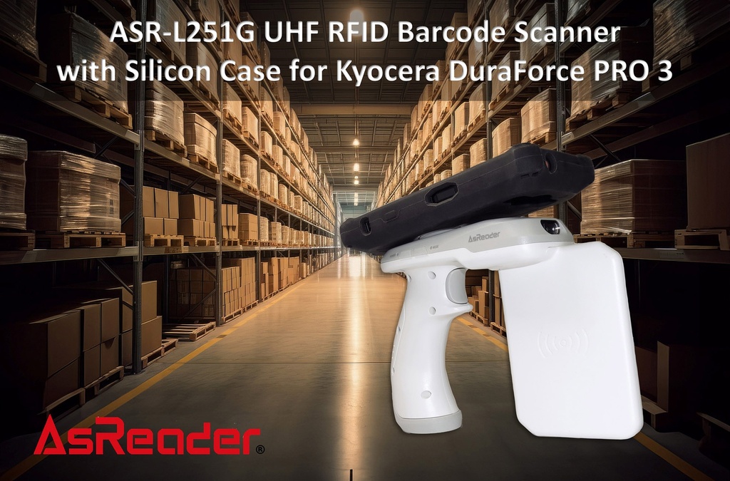 ASR-L251G-23 Gun-Type UHF Read/Write RFID 1D/2D Barcode Scanner with Case for Kyocera E7200 DuraForce PRO 3 (Bundle) by AsReader ASR-KDFP3-L251G-BND