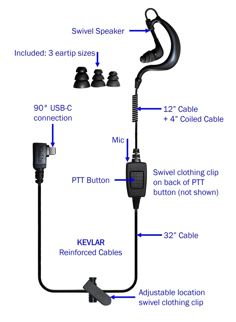 DRIFT Single-Wire PTT &quot;In Ear&quot; Earpiece (USBc Connector)(for PTT apps Verizon Ptt+ &amp; Kodiak/Wave) by Klein Electronics DRIFT-USBC-S