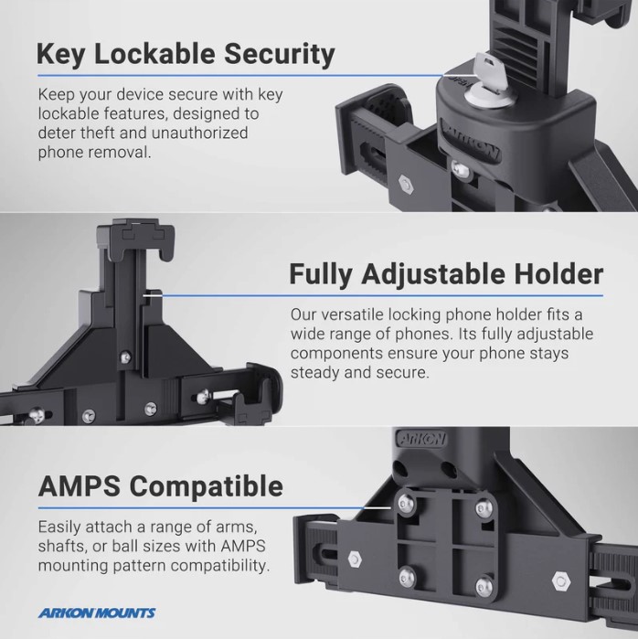 LockVise™ Locking Phone Mount with 2.75" Arm and Metal AMPS Drill Base by Arkon Mounts SM9RMSAMPS