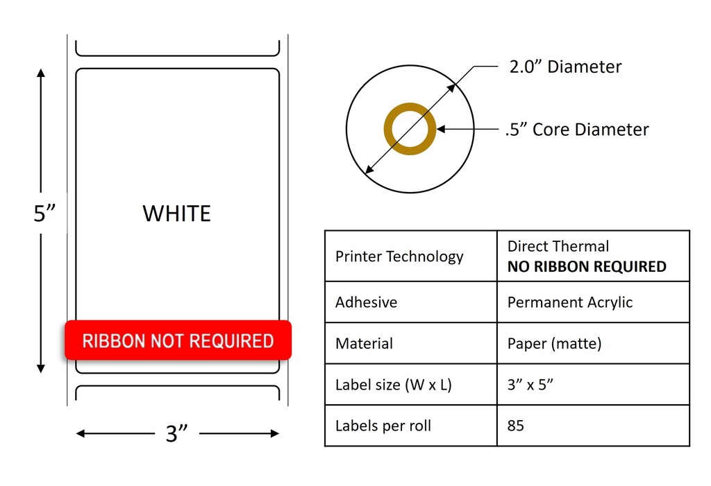 Direct Thermal Label Roll 3.0" x 5.0" / .5" core / 2.00" Outside diameter / 10 rolls per case / (color) by RR Donnelley DTL3X5