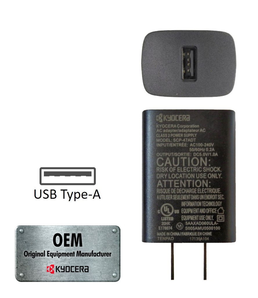 Het is de bedoeling dat Spanje schetsen Kyocera OEM SCP-47ADT USB Type-A 5V/1A AC Adapter