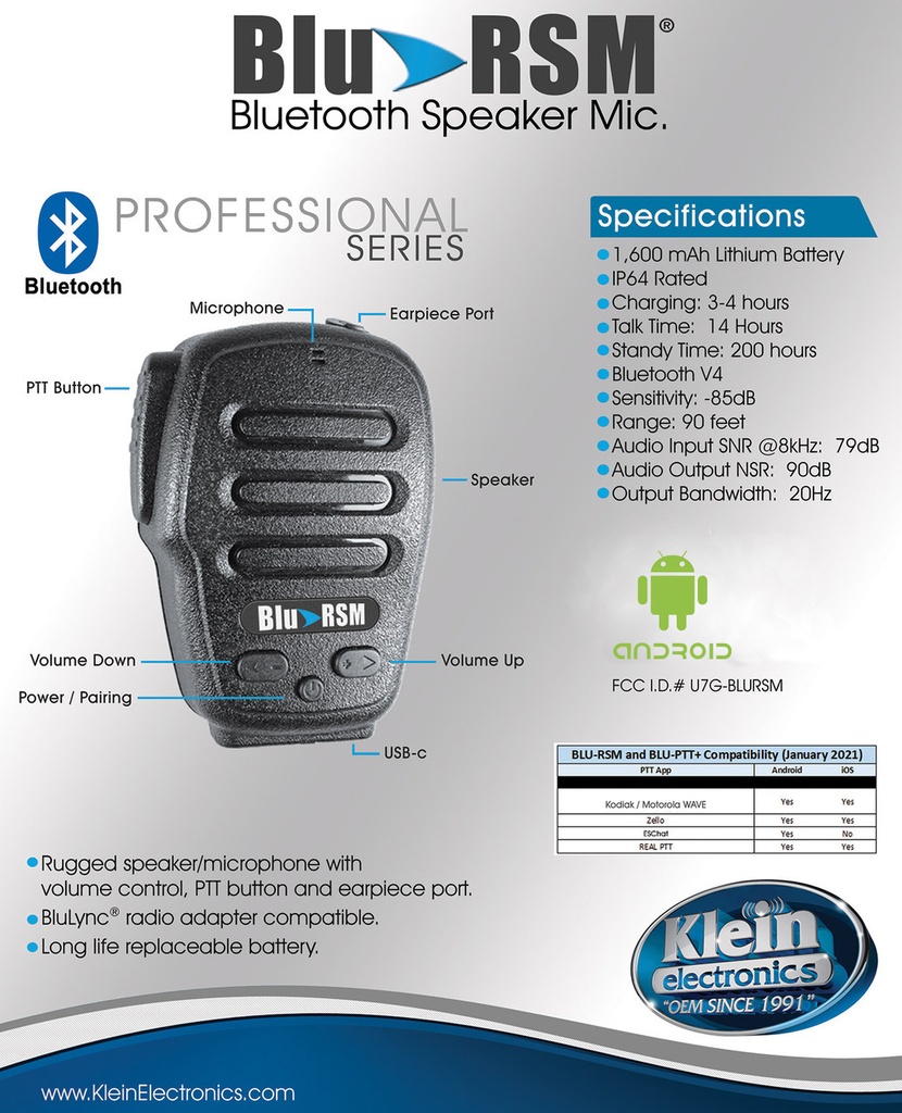 Blu-RSM® Bluetooth PTT Speaker Microphone (RSM) by Klein Electronics BLU-RSM