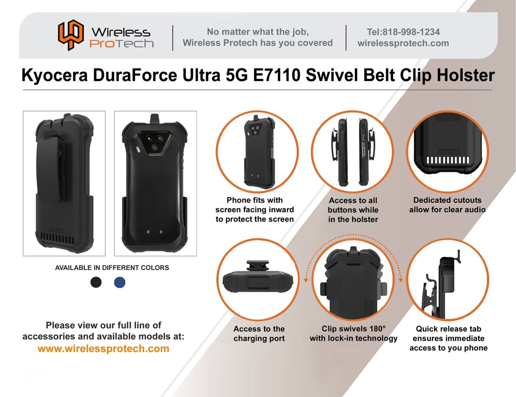 Kyocera DuraForce Ultra 5G Swivel Belt Clip Holster (black) by Wireless ProTECH  PT-HOL-KY-E7110-BK