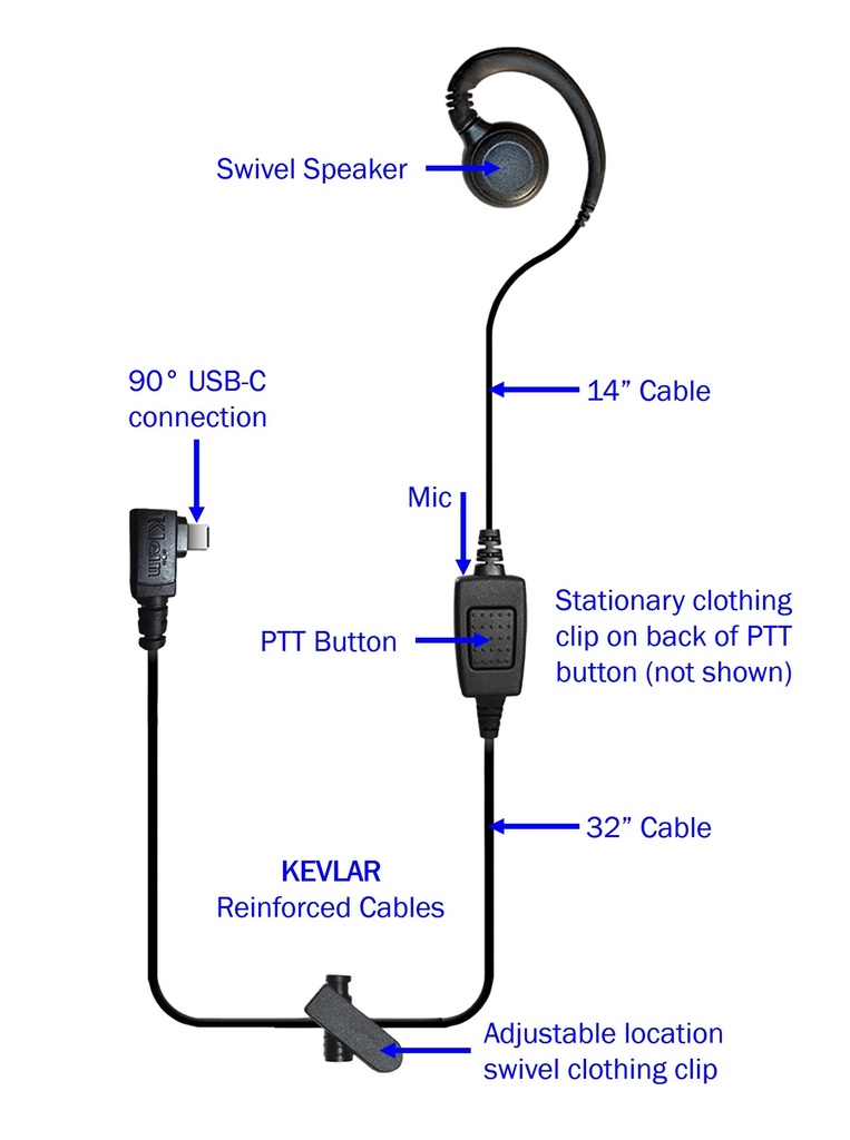 CURL Single-Wire PTT "Over-Ear" Earpiece (USBc Connector)(for PTT apps Verizon PTT+ & Kodiak/Wave) by Klein Electronics CURL-USBC-S