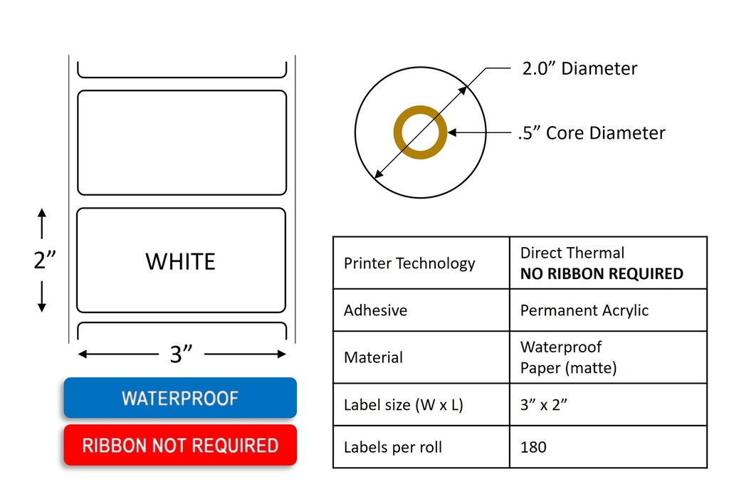 Waterproof Polypropylene Direct Thermal Label Roll 3.0"  x  2.0" / .5" core / 2.0" Outside Diameter / 6 rolls per case / White by RR Donnelley DTL3X2WP-WHT