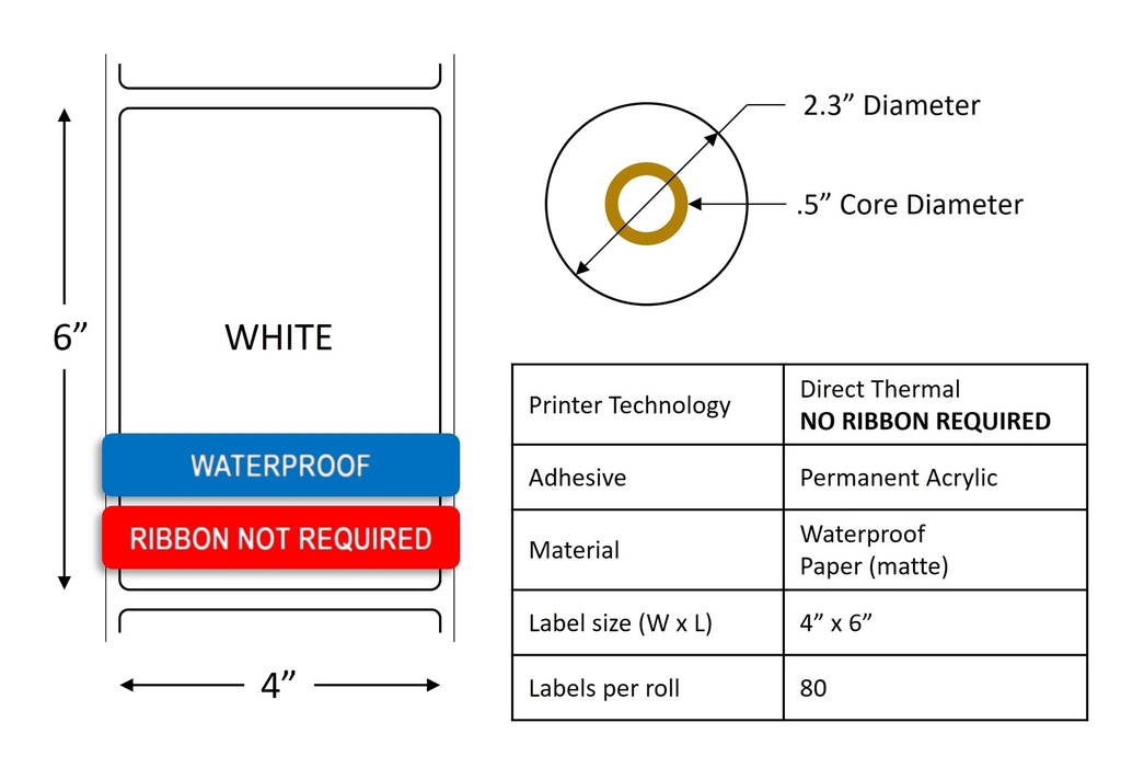 Waterproof Polypropylene Direct Thermal Label Roll 4.0" x 6.0" / .5" core / 2.3" Outside Diameter / 6 rolls per case / White by RR Donnelley DTL4X6WP-WHT