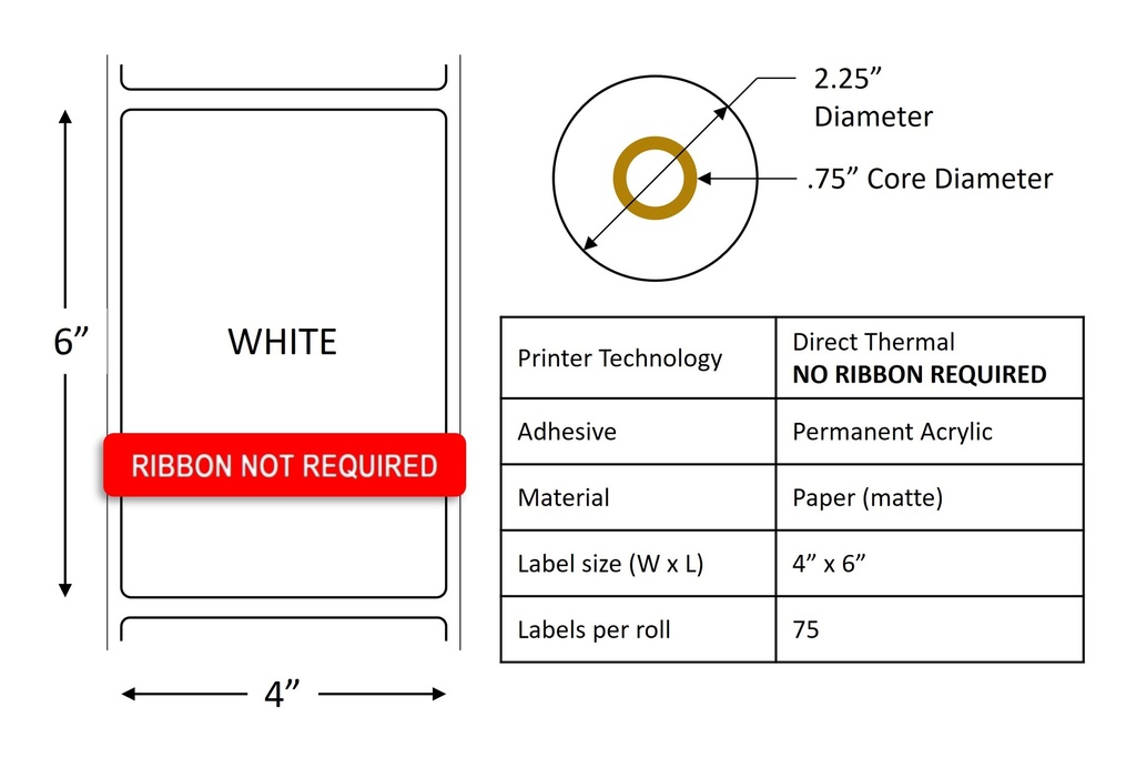 Direct Thermal Label Roll 4.0" x 6.0" / .75" core / 2.25" Outside diameter / 36 rolls per case / White by RR Donnelley D75SPR4060