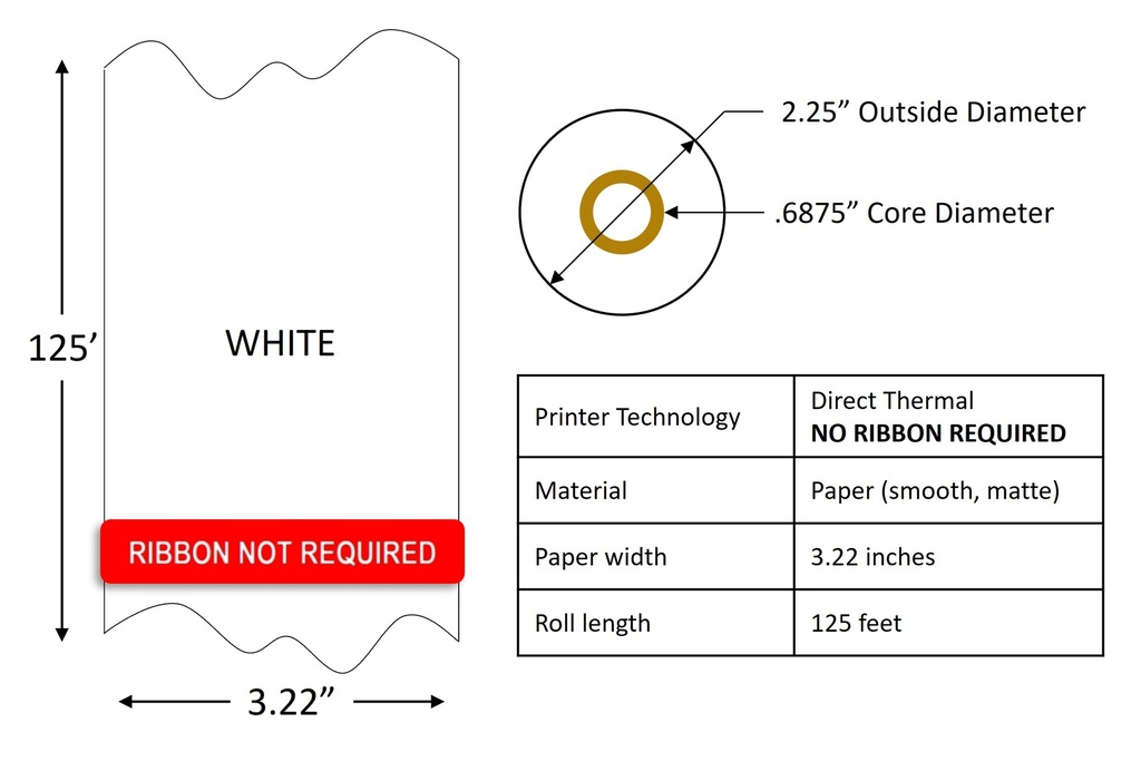 Direct Thermal Receipt Paper Roll 3.22" x 125' / .6875" core / 2.25" Outside Diameter / 12 rolls per case / White by RR Donnelley 1350