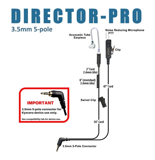 DIRECTOR-PRO In-Ear 2-Wire Surveillance PTT Earpiece Kit (5-pole connection) for Kyocera by Klein Electronics DIRECTOR-PRO-KY