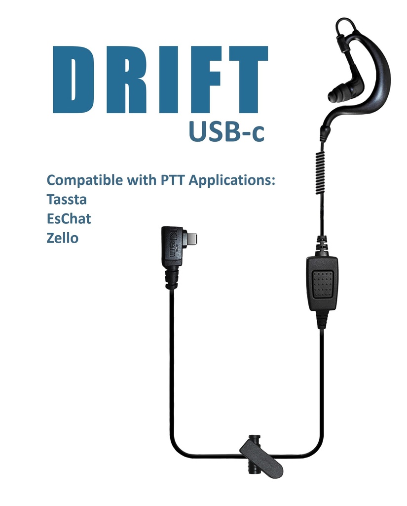 DRIFT Single-Wire PTT &quot;In Ear&quot; Earpiece (USBc Connector)(for PTT apps Tassta, EsChat &amp; Zello) by Klein Electronics DRIFT-USBC-I