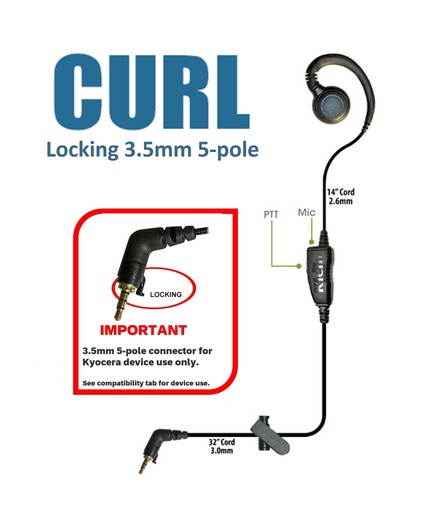 [CURL-KYBR-CL] CURL Single-Wire PTT Earpiece Kit with 5-pole Camlock Connector for Kyocera by Klein Electronics CURL-KYBR-CL