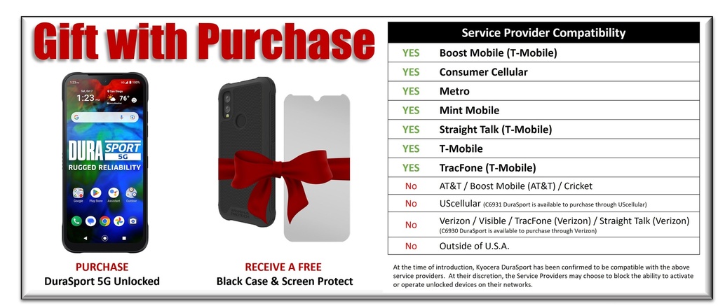 [ECB00341] Kyocera C6931 DuraSport 5G Unlocked with Free Black Case &amp; Screen Protector (Bundle) | Durable, Dust &amp; Waterproof, Drop Rated by Kyocera ECB00341