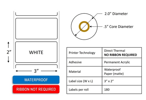 [DTL3X2WP-WHT] Waterproof Polypropylene Direct Thermal Label Roll 3.0"  x  2.0" / .5" core / 2.0" Outside Diameter / 6 rolls per case / White by RR Donnelley DTL3X2WP-WHT