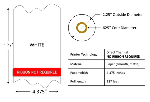 [1346] Direct Thermal Receipt Paper Roll 4.375" x 127' / .625" core / 2.25" Outside diameter / 50 rolls per case / White by RR Donnelley 1346