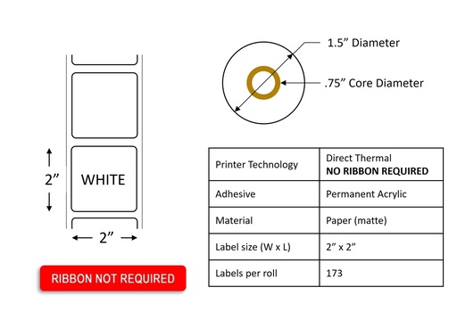 [DTL2X2] Direct Thermal Label Roll 2.0"  x  2.0" / .5" core / 2.0" Outside Diameter / 10 rolls per case / White by RR Donnelley DTL2X2-WHT